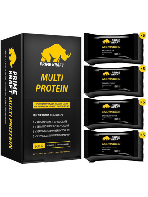Prime Kraft Multi Protein combo №1 (20 пакетиков) 600g шоколад,клубн.-банан,ананасовый йогурт,клуб.йогурт 20 пакетиков